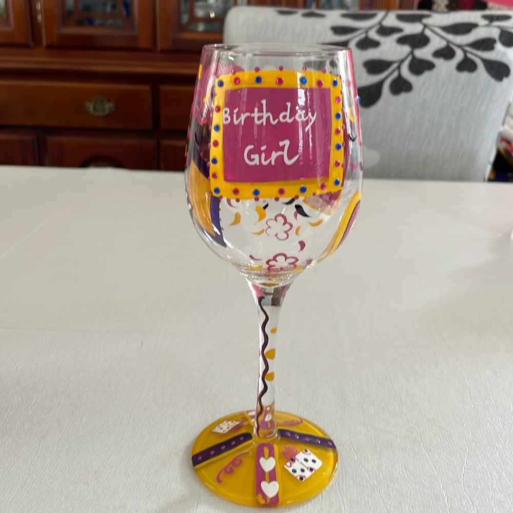 Lolita “Birthday Girl” 15 oz hand painted wine glass. No box. Recipe on bottom.